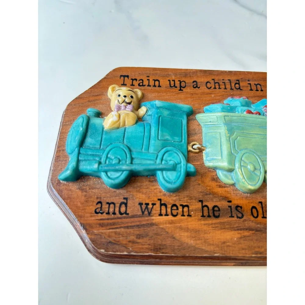 Vintage Wooden Proverbs 22:6 Child Train Wall Plaque Nursery Decor Teddy Bear